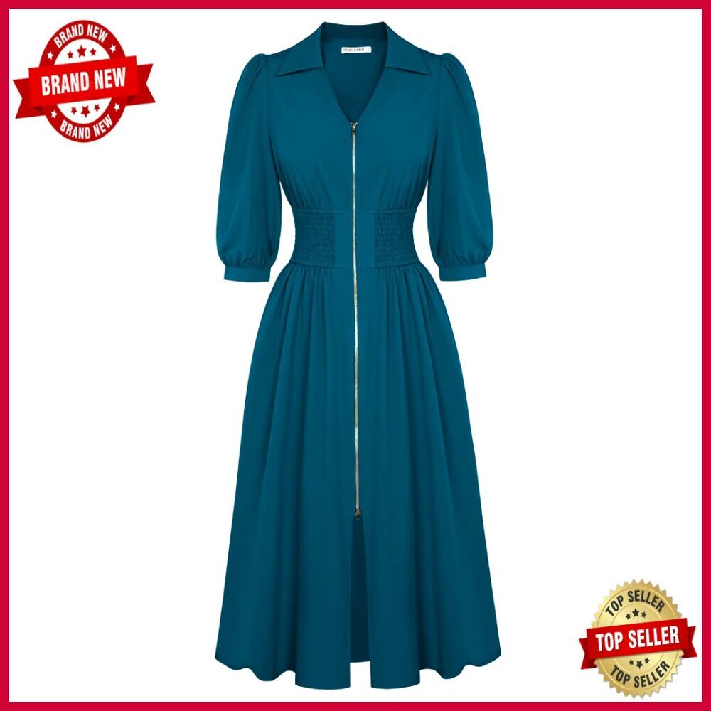 Midi Dress A Line Smocked Work Fit Flare V Neck Zipper 3/4 Sleeve Casual Pockets